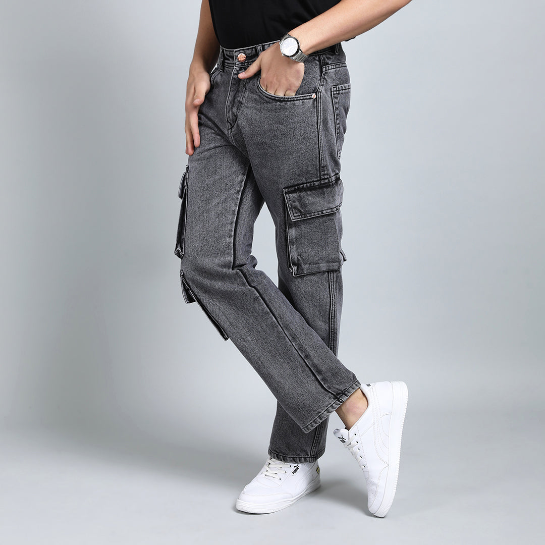 LIGHT GREY BAGGY CARGO FIT JEANS 4726-2
