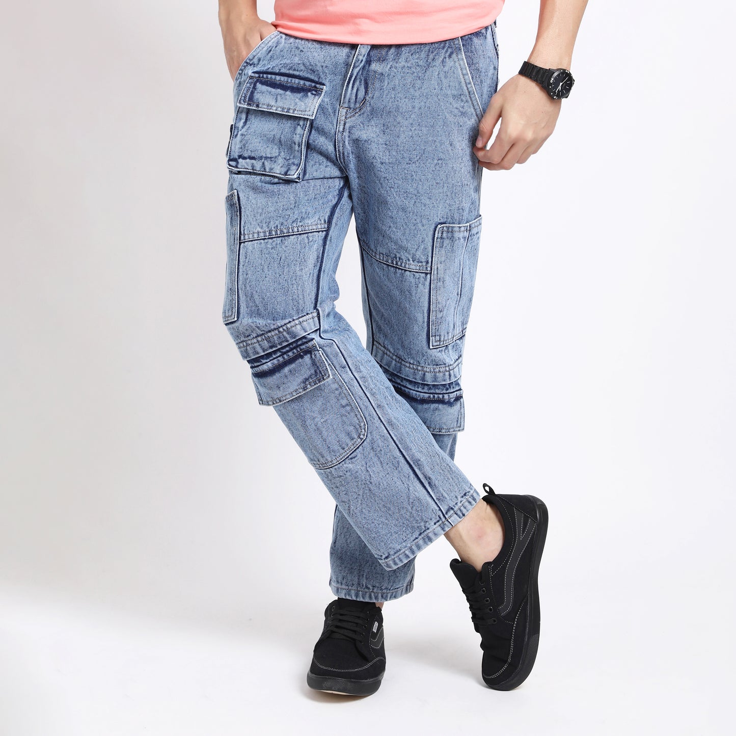 CARGO LIGHT BLUE BAGGY FIT JEANS TEDDY 4787-2