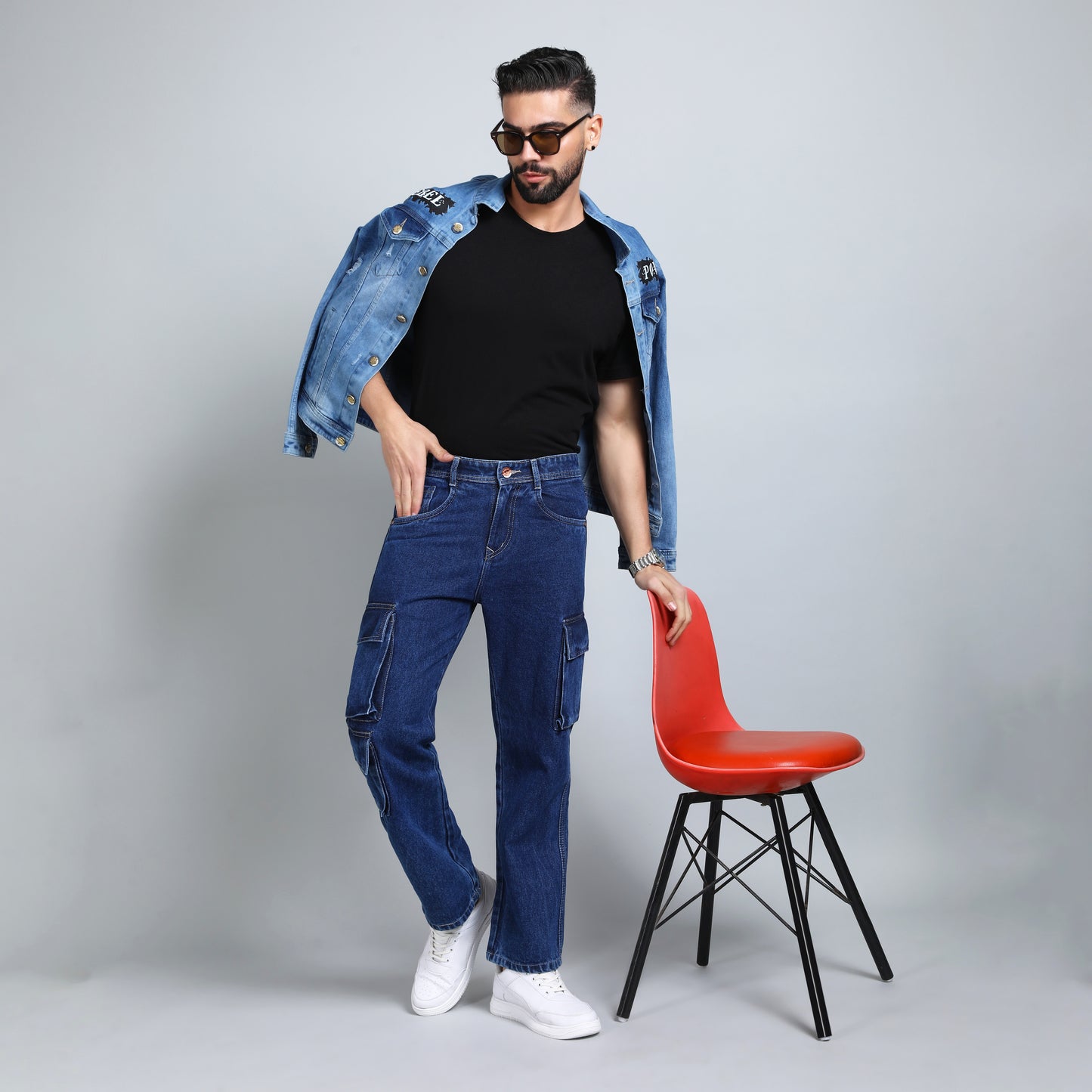 DARK BLUE BAGGY CARGO FIT JEANS 4639-1