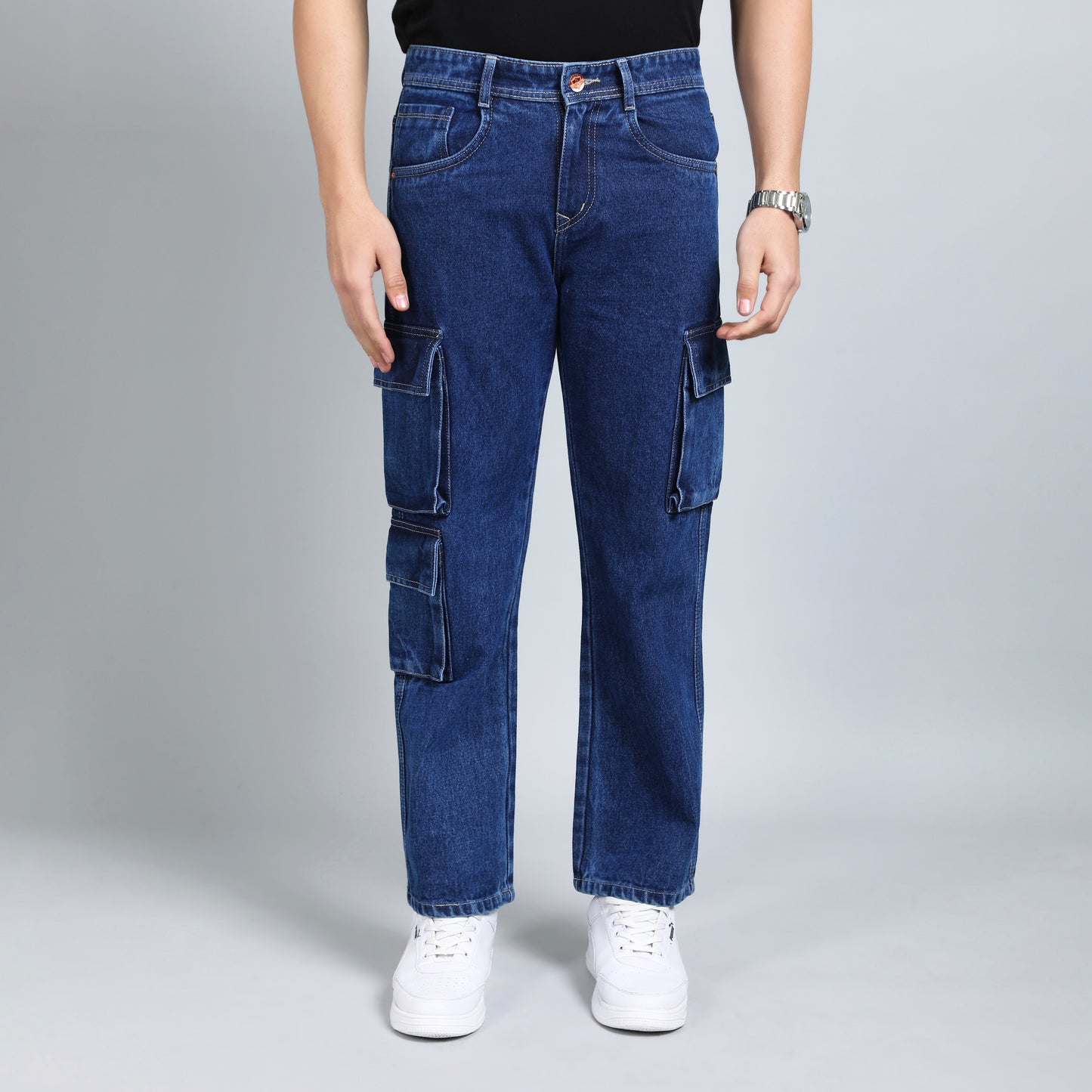 DARK BLUE BAGGY CARGO FIT JEANS 4639-1