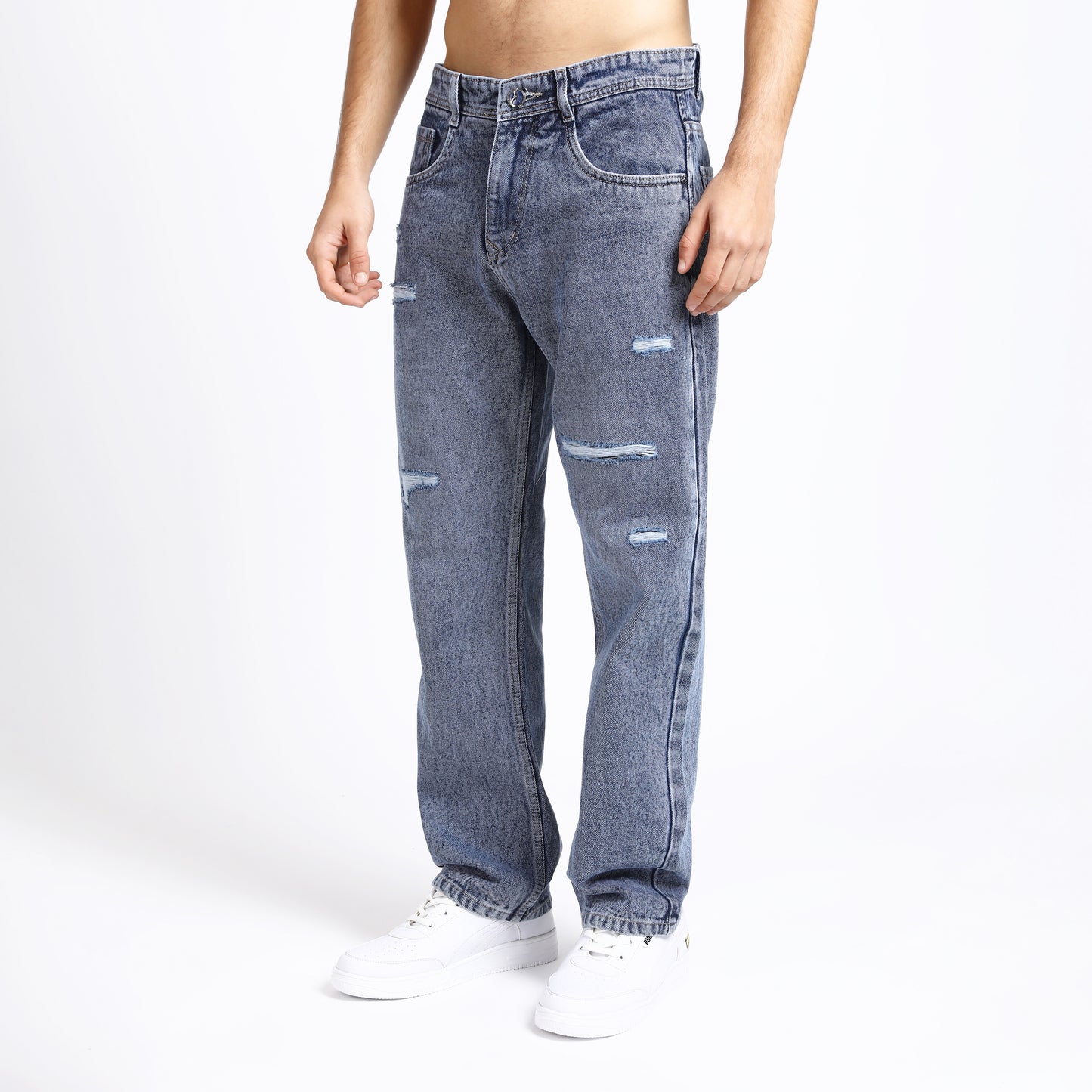 LIGHT BLUE BAGGY FIT DISTRESSED JEANS TEDDY 4715-2