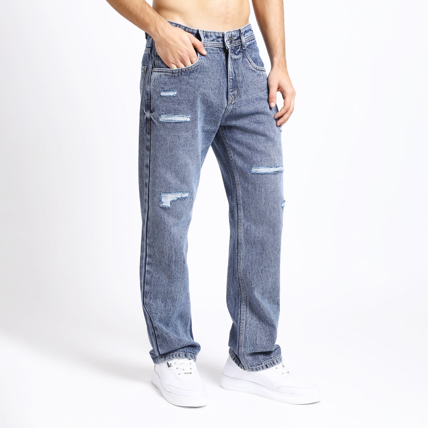 LIGHT BLUE BAGGY FIT DISTRESSED JEANS TEDDY 4715-2