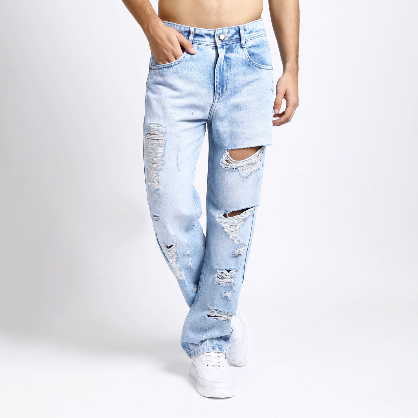 ICE BLUE BAGGY FIT DISTRESSED JEANS TEDDY 4773