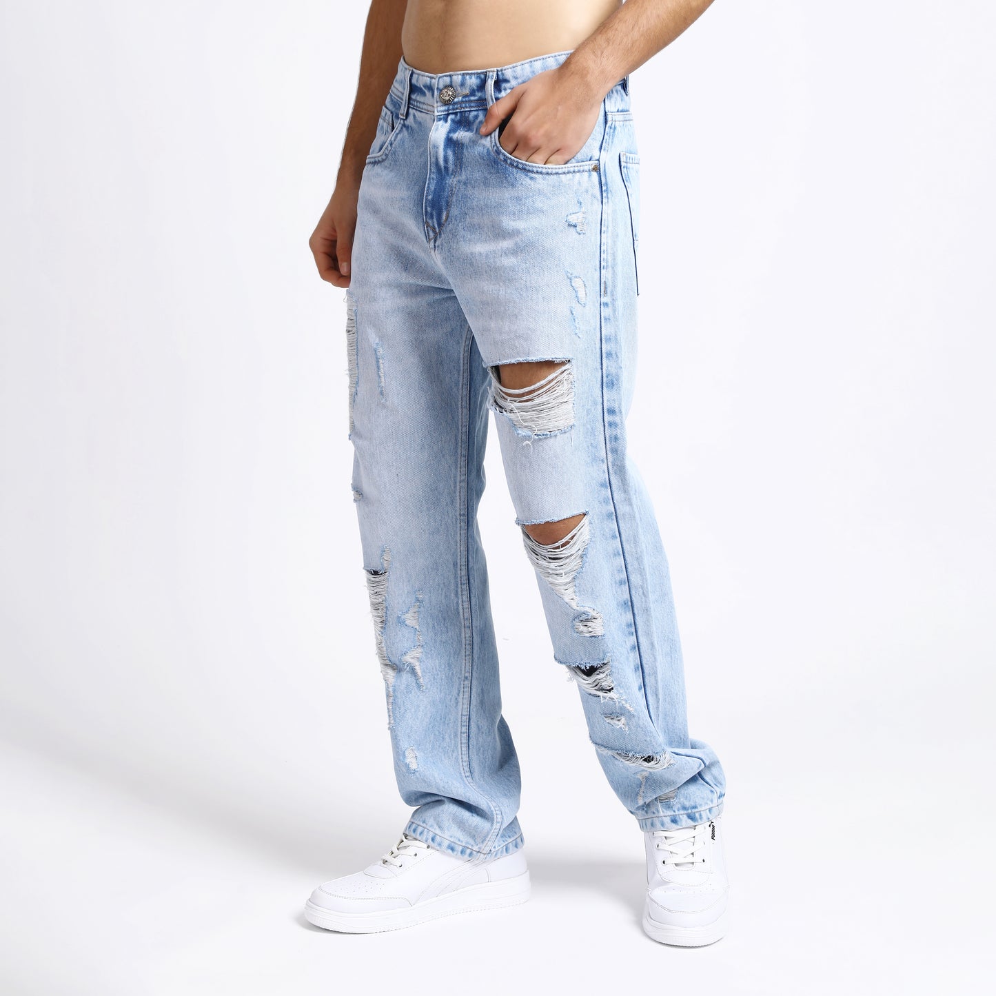 ICE BLUE BAGGY FIT DISTRESSED JEANS TEDDY 4773