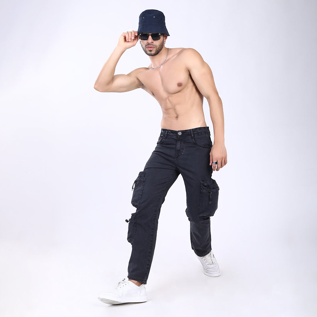 BLACK BAGGY CARGO FIT JEANS WITH LARGE POCKET 4899-5