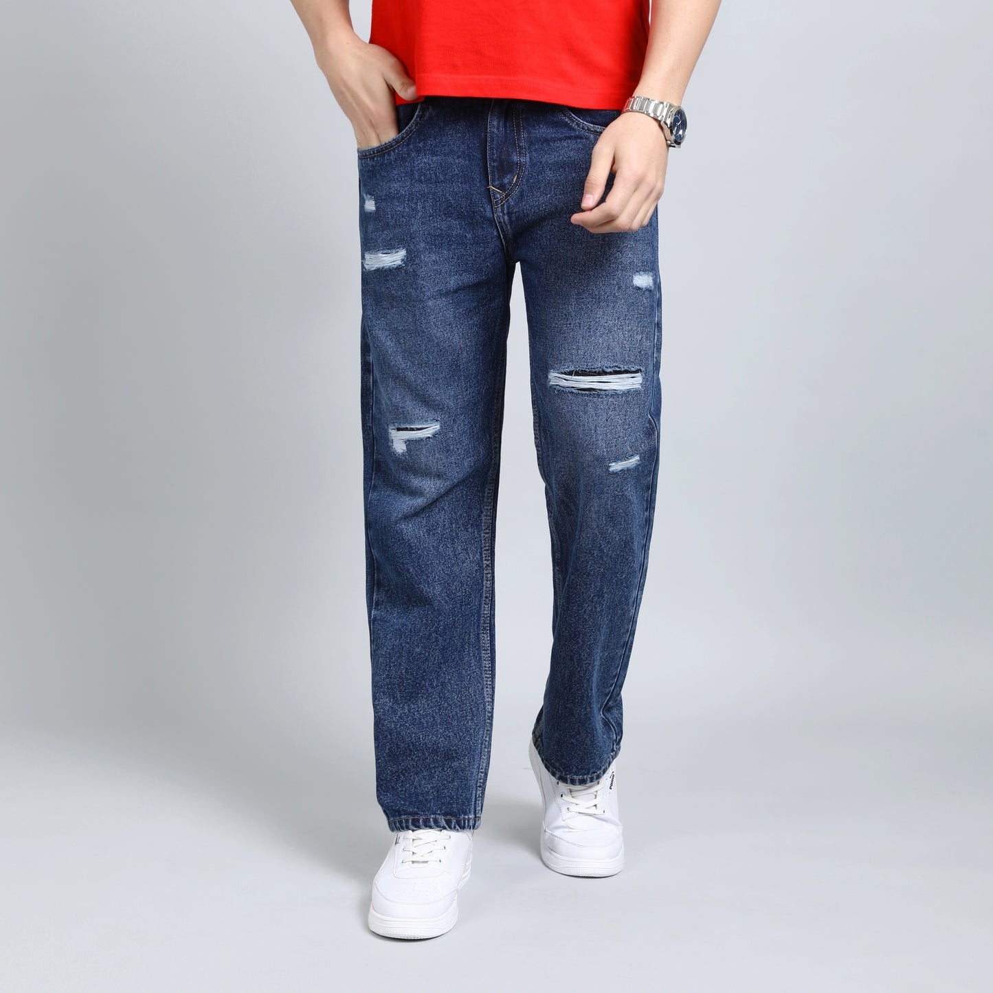 BLUE BAGGY FIT DISTRESSED JEANS TEDDY 4715-1