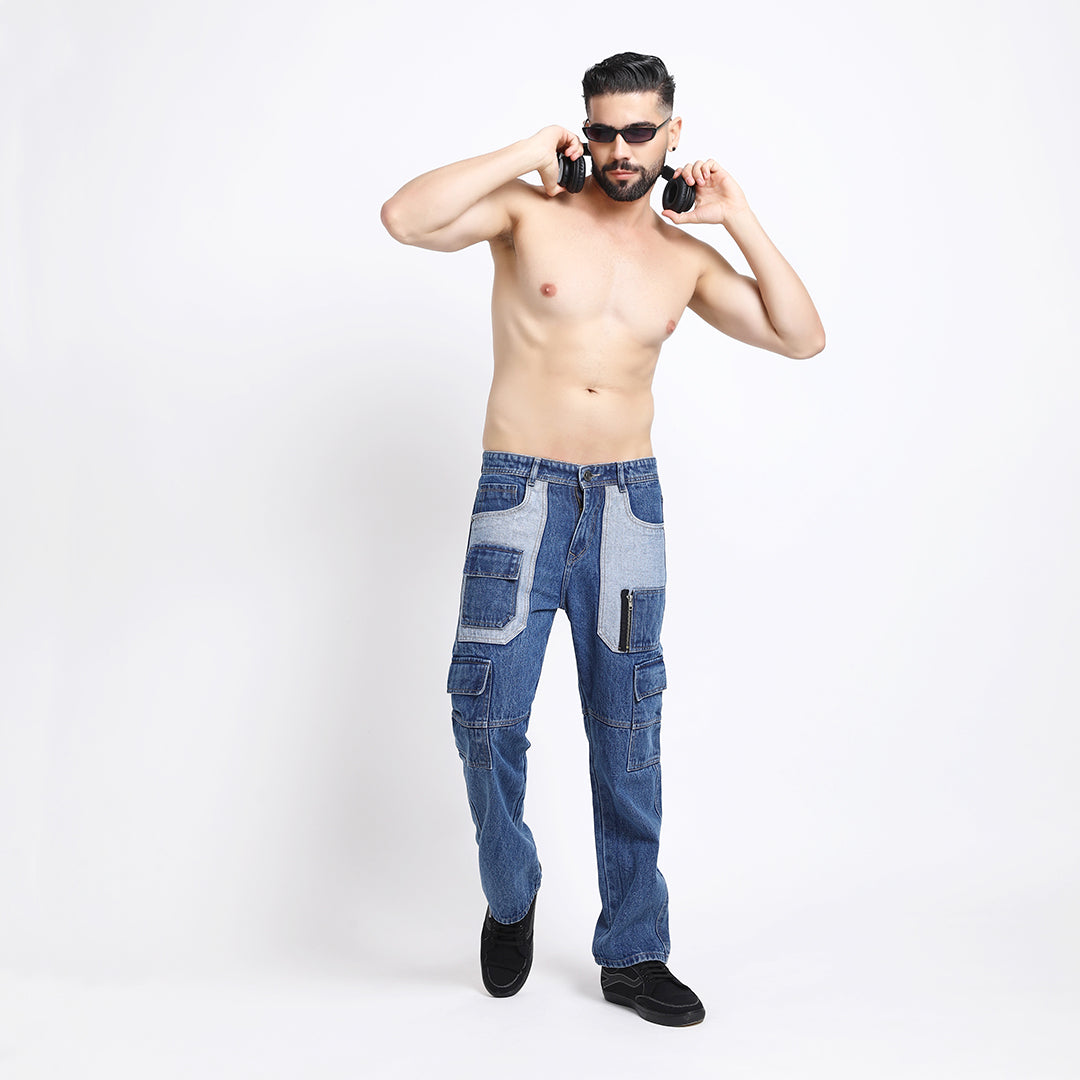 CARGO DARK BLUE MID RISE BAGGY FIT JEAN TEDDY 4788-1