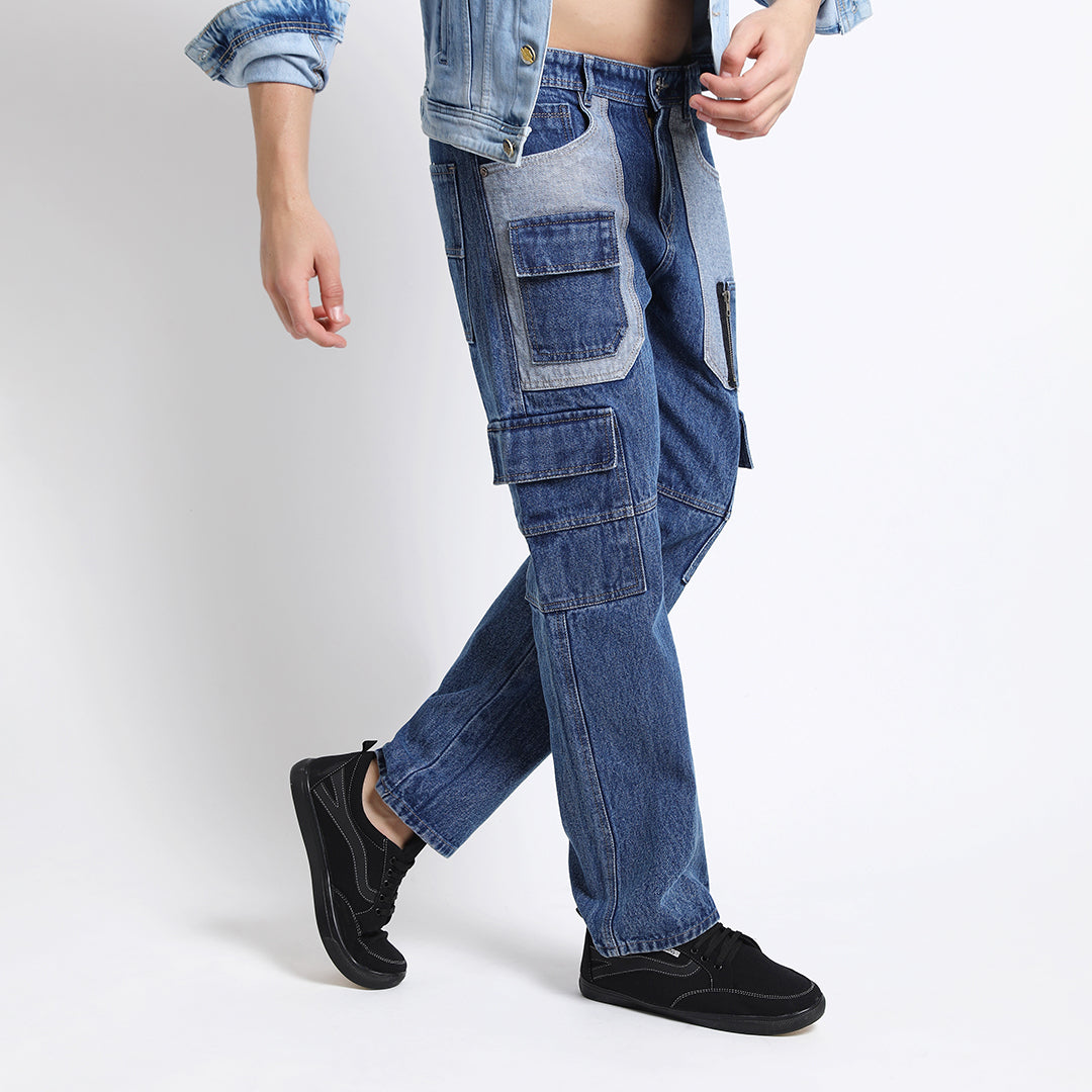 CARGO DARK BLUE MID RISE BAGGY FIT JEAN TEDDY 4788-1