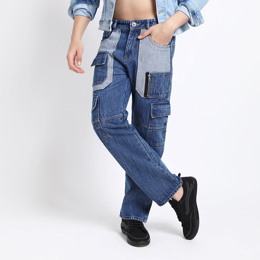 CARGO DARK BLUE MID RISE BAGGY FIT JEAN TEDDY 4788-1