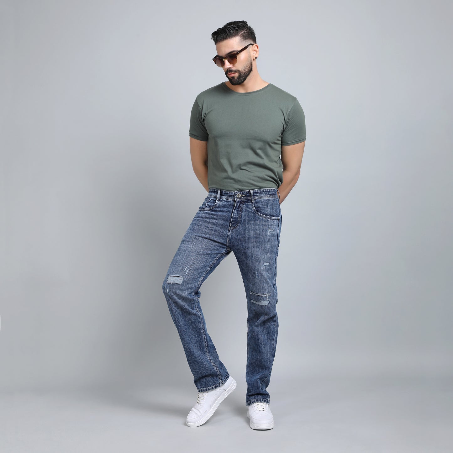 LIGHT GREY BAGGY FIT DISTRESSED JEANS TEDDY 4682-2