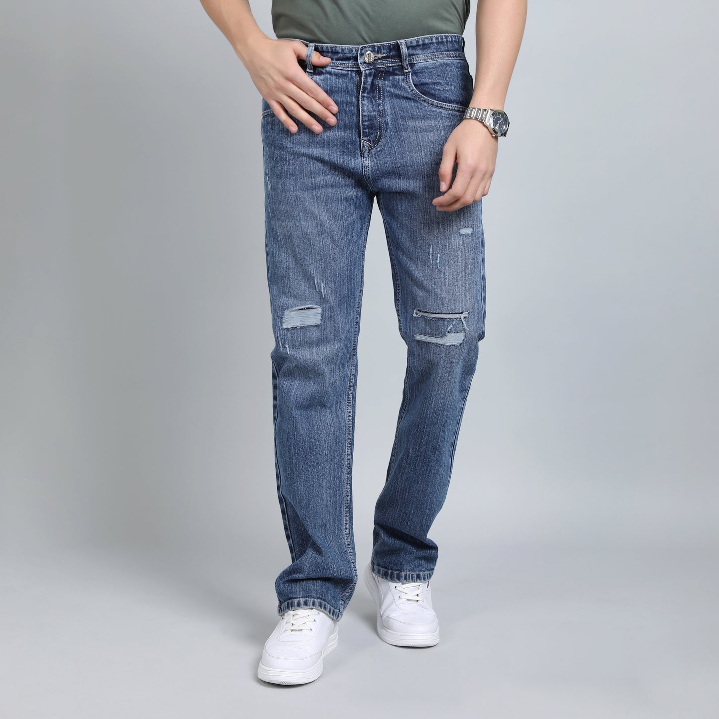 LIGHT GREY BAGGY FIT DISTRESSED JEANS TEDDY 4682-2