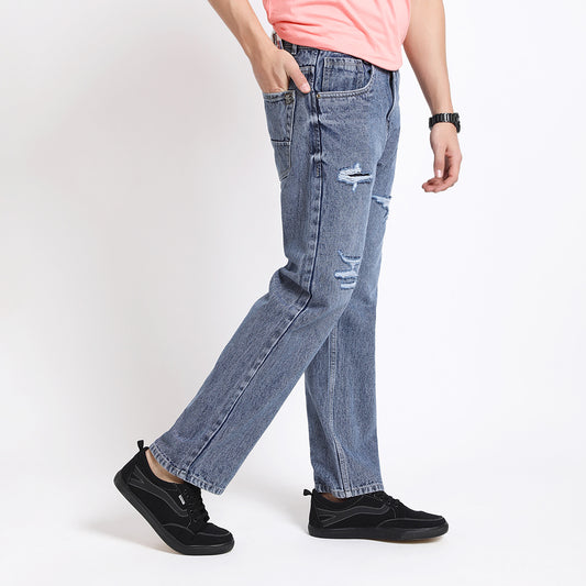 BLUE BAGGY FIT DISTRESSED JEANS TEDDY 4713-2