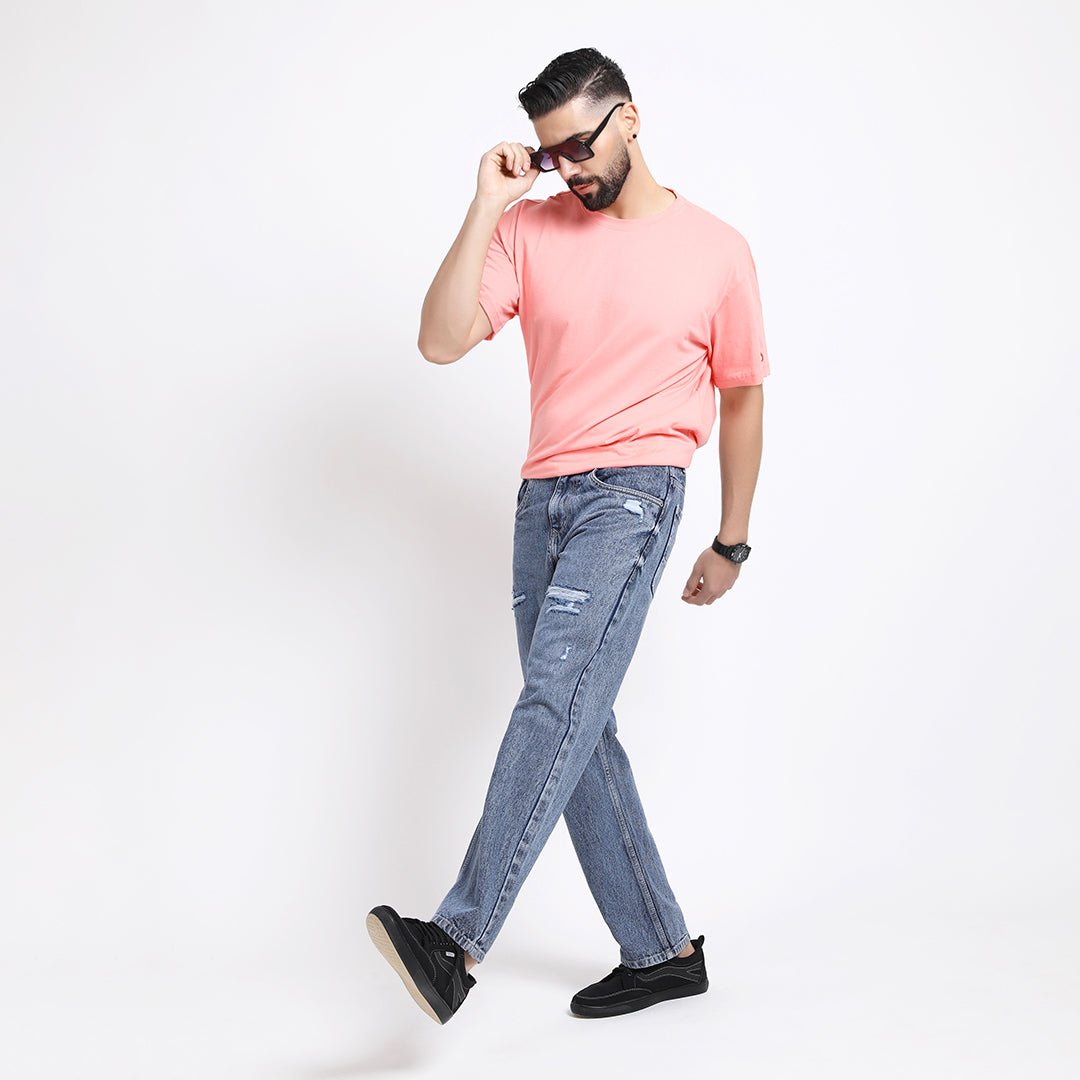 BLUE BAGGY FIT DISTRESSED JEANS TEDDY 4713-2