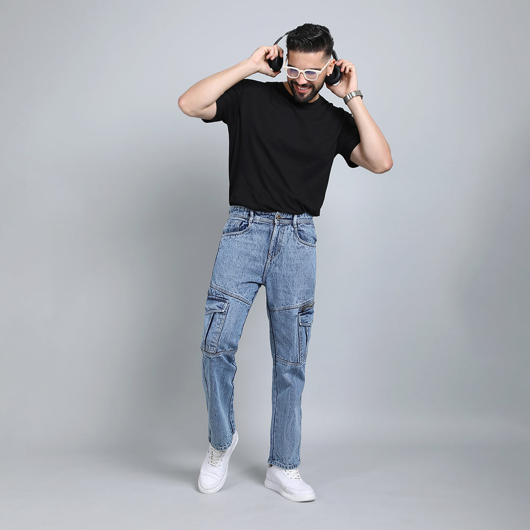 DARK BLUE BAGGY CARGO FIT JEANS 4786-2