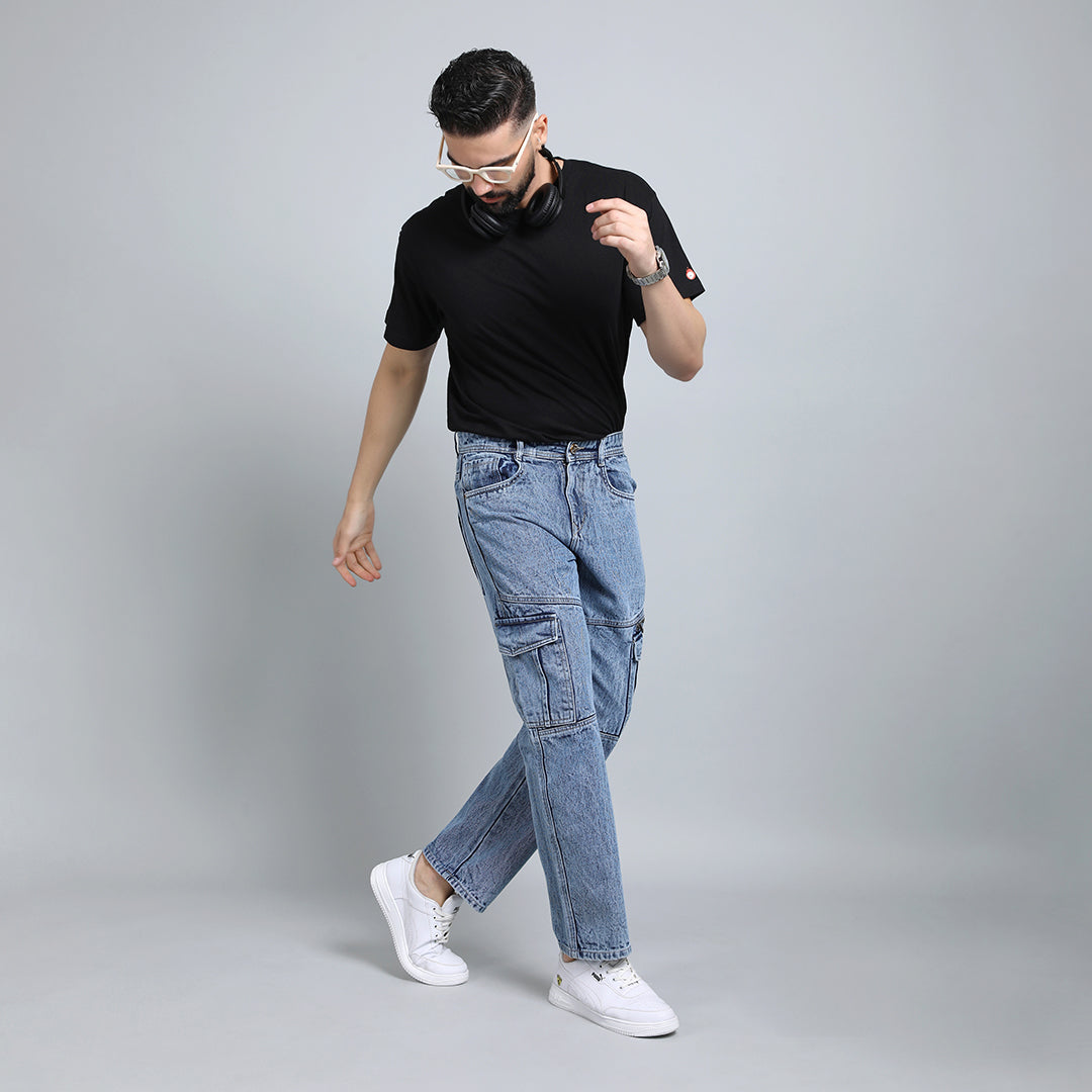 DARK BLUE BAGGY CARGO FIT JEANS 4786-2