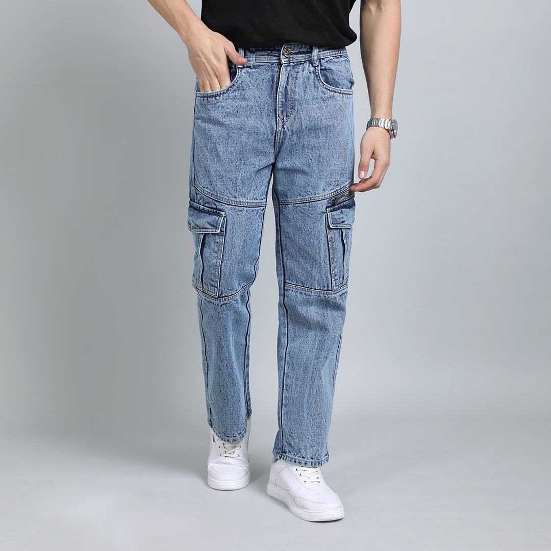 DARK BLUE BAGGY CARGO FIT JEANS 4786-2