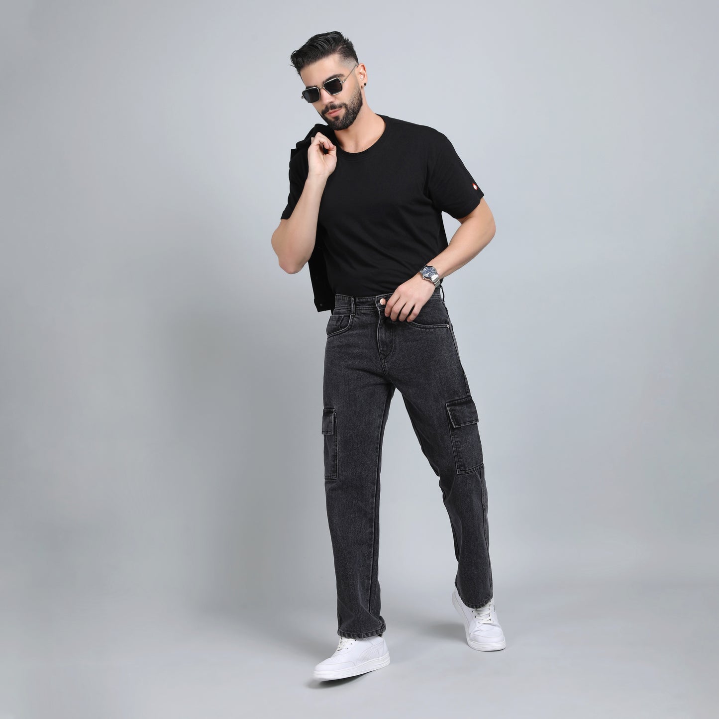 BLACK BAGGY CARGO FIT JEAN 4725-1