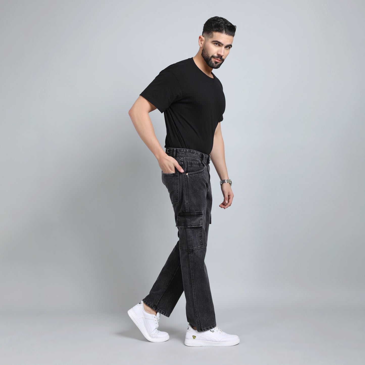 BLACK BAGGY CARGO FIT JEAN 4725-1
