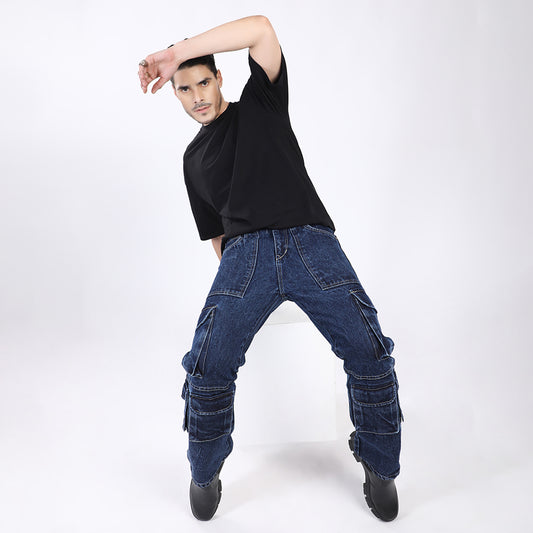 DARK BLUE BAGGY CARGO FIT JEANS 4924-1