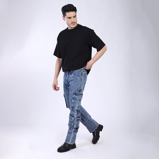 LIGHT BLUE BAGGY CARGO FIT JEANS 4924-2