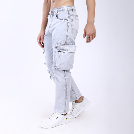 LIGHT GREY BAGGY CARGO FIT JEANS WITH LARGE POCKET 4899-1