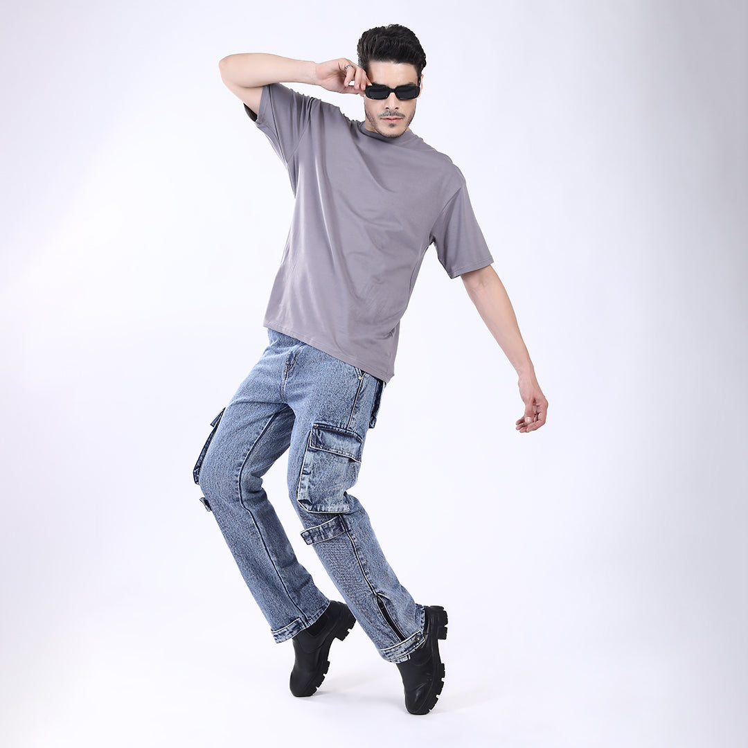 LIGHT BLUE BAGGY CARGO FIT JEANS 4925-2
