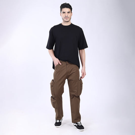 Men's Relaxed Fit Dark Brown Stretch Cotton Cargo Pants – Streetwear Large pocket Style 4809-3