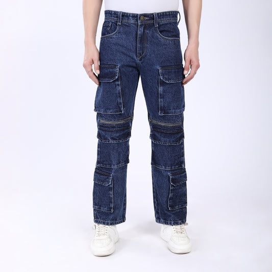 DARK BLUE BAGGY CARGO FIT JEANS 4922-1
