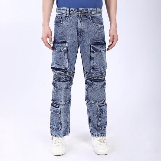 LIGHT BLUE BAGGY CARGO FIT JEANS 4922-2