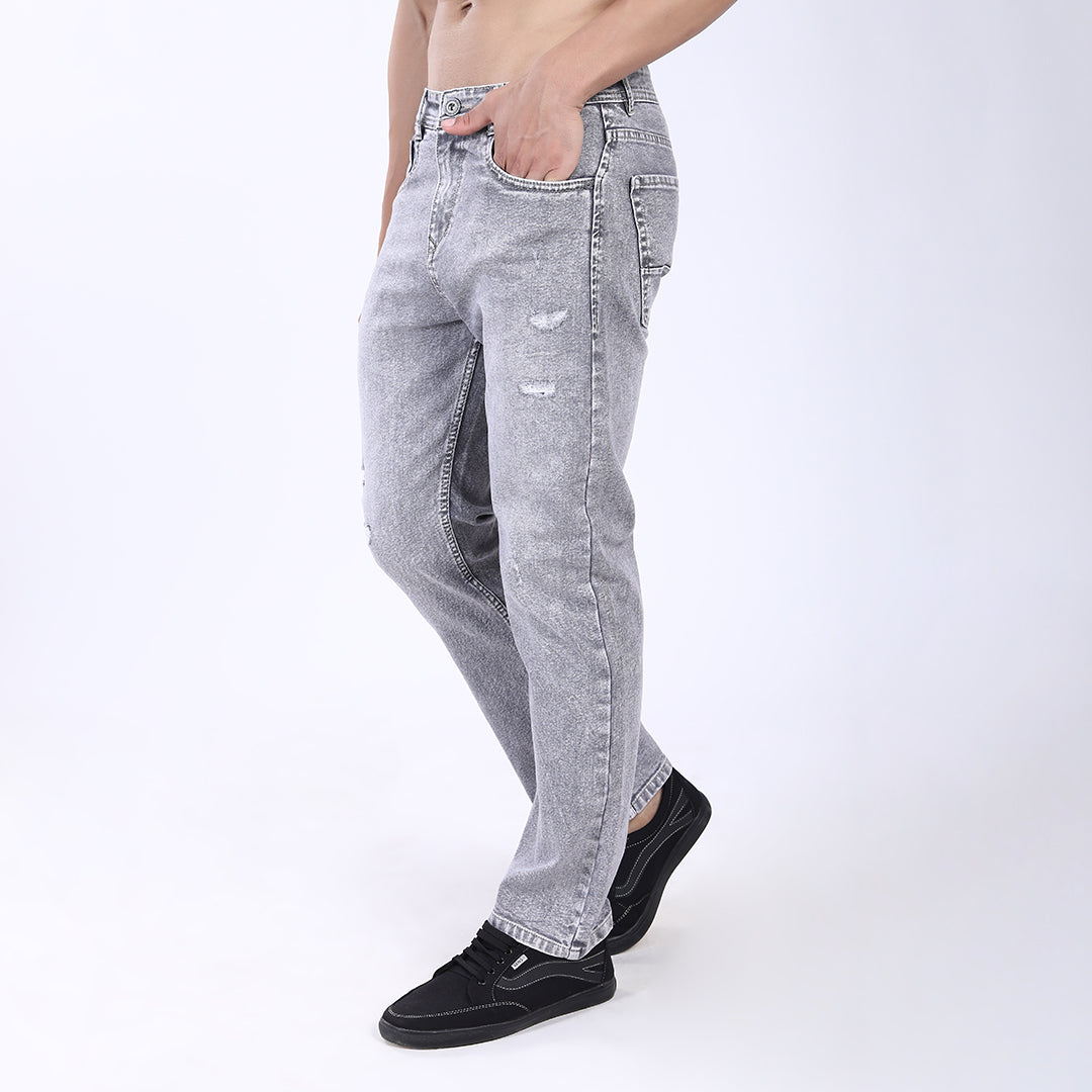 LIGHT GREY BAGGY FIT DISTRESSED JEANS STYLE 4811-2