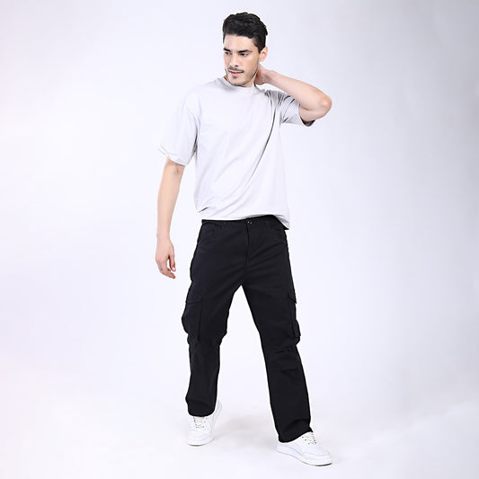 Men's Relaxed Fit Black Stretch Cotton Cargo Pants – Streetwear Utility Style 4802-4