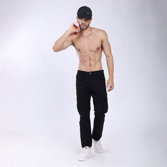 Men's Relaxed Fit Black Stretch Cotton Cargo Pants – Functional Streetwear Style 4803-4